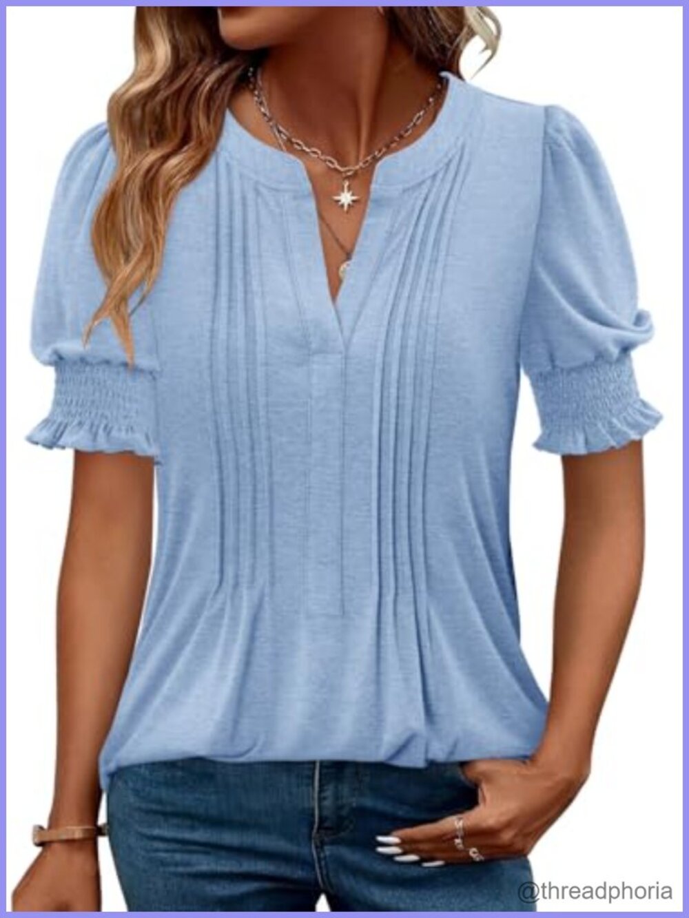 Women's Dressy Casual Puff Sleeve V-Neck Pleated Tunic Blouse